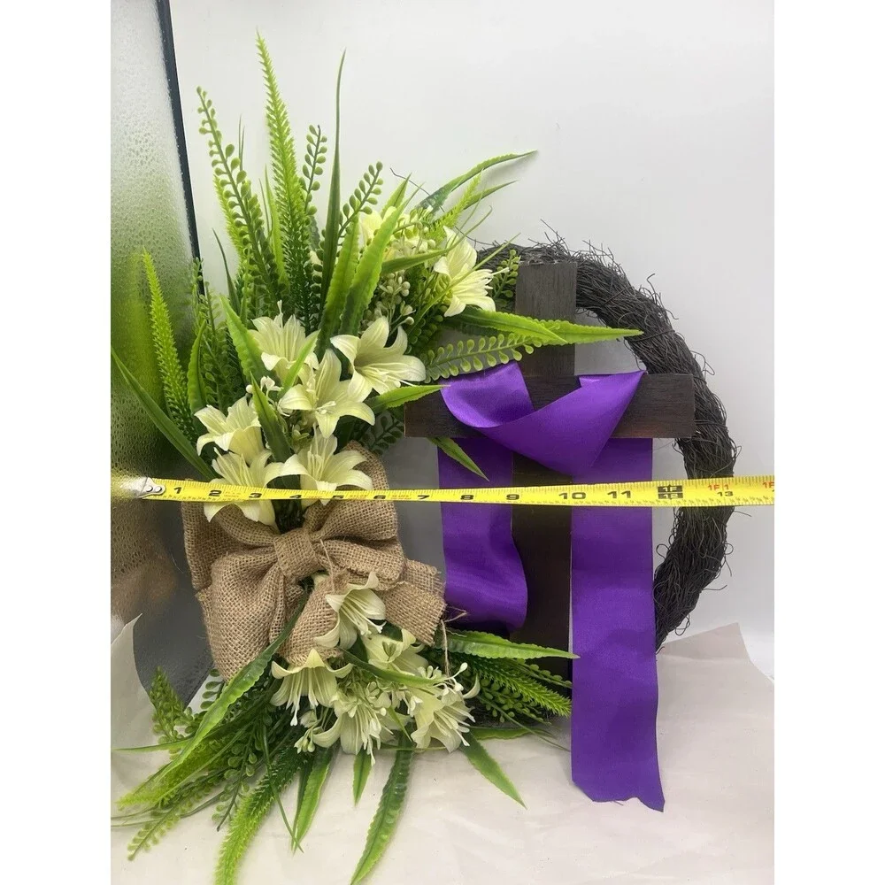 Easter Wreath Door Hanging Decoration with Cross,Bouquet Garland 12”